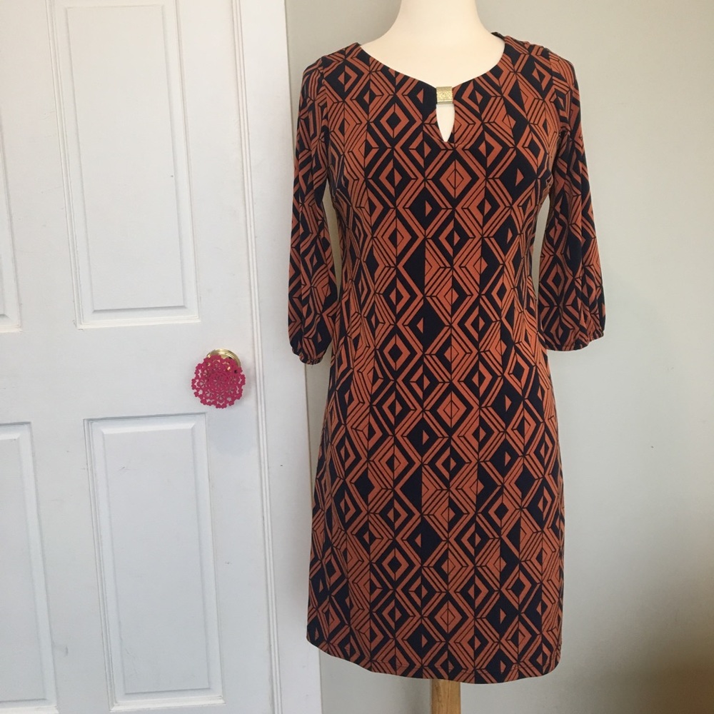 Enfocus Studio burnt orange and blue knit dress